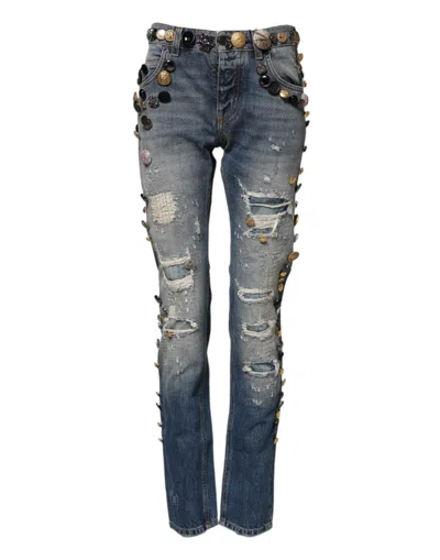Dolce & Gabbana Blue Embellished Tattered Skinnydenim Jeans