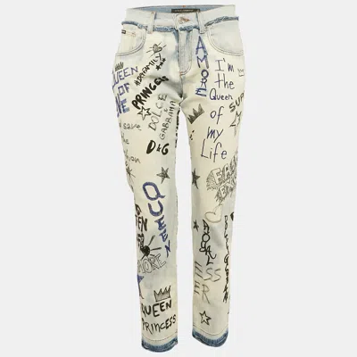 Pre-owned Dolce & Gabbana Blue Embroidered Denim Boyfriend Jeans S
