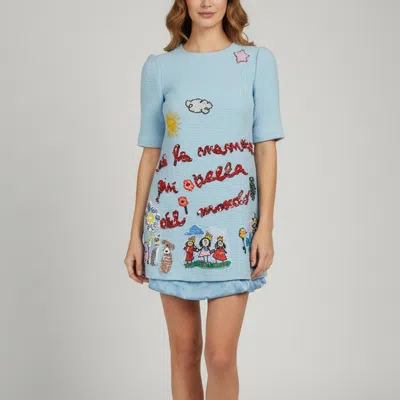 Pre-owned Dolce & Gabbana Blue Embroidered Wool "viva La Mamma" Mini Dress M