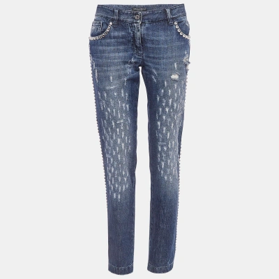 Pre-owned Dolce & Gabbana Blue Faded Denim Embellished Distressed Jeans M Waist 32" In Navy Blue