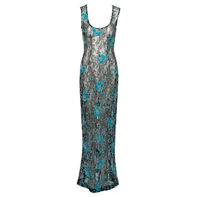 Pre-owned Dolce & Gabbana Blue Floral Embellished Black Lace Evening Dress, Fw 1999