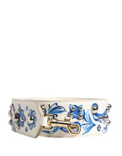 Dolce & Gabbana Blue Floral Embroidered Calf Leather Belt In White