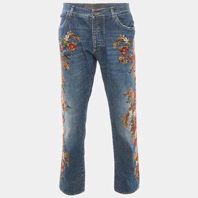 Pre-owned Dolce & Gabbana Blue Floral-embroidered Denim 16 Classic Jeans Xxl Waist 36"