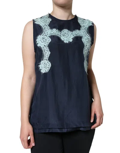 Pre-owned Dolce & Gabbana Blue Floral Lace Silk Sleeveless Tank Women's Top ()