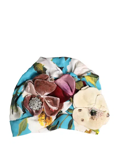 Pre-owned Dolce & Gabbana Blue Floral Motif Turban Headwear Women Women's Hat ()