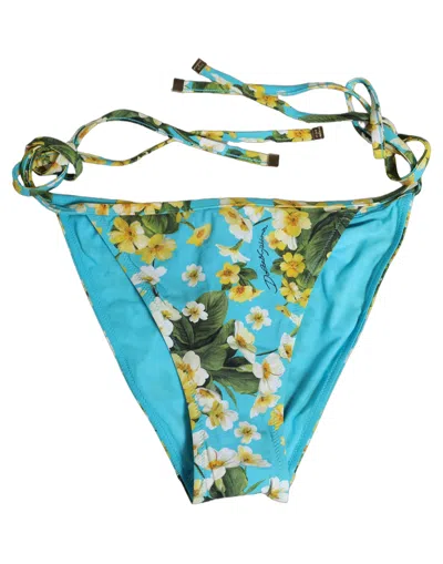 Dolce & Gabbana Blue Floral Print Nylon Beachwear Bikini Women's Bottom
