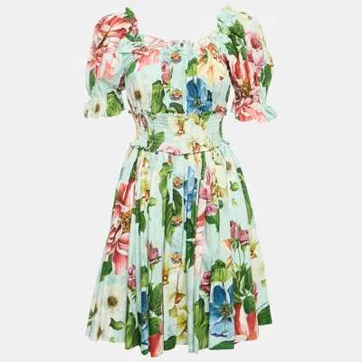 Pre-owned Dolce & Gabbana Blue Floral Print Poplin Shirring Tiered Mini Dress M