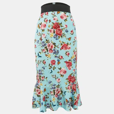 Pre-owned Dolce & Gabbana Blue Floral Print Silk Flounce Midi Skirt L