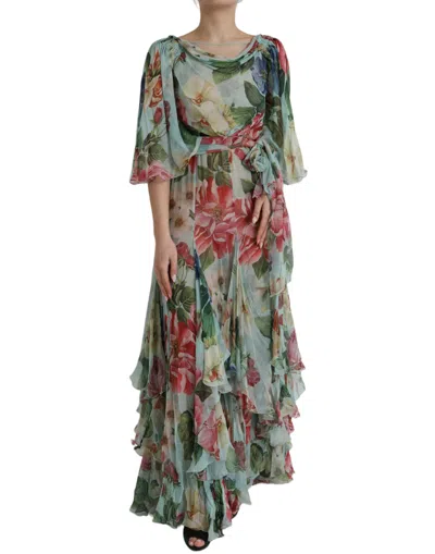 DOLCE & GABBANA BLUE FLORAL PRINT TIERED LONG MAXI DRESS
