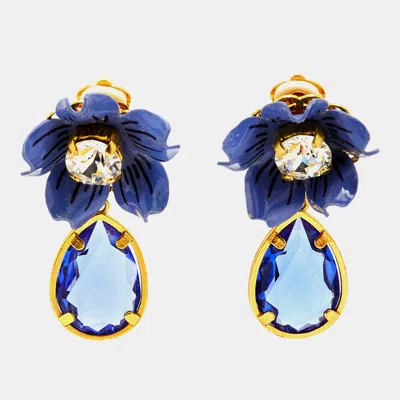 Pre-owned Dolce & Gabbana Blue Flower Crystals Resin Drop Earrings