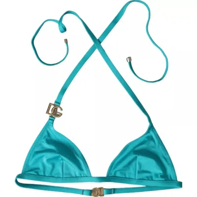 Dolce & Gabbana Blue Green Halter Dg Logo Swimwear Beachwear Bikini Women's Top