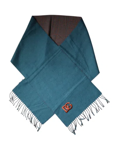 Dolce & Gabbana Blue Green Wool Fringes Wrap Shawl Scarf In Dark Green