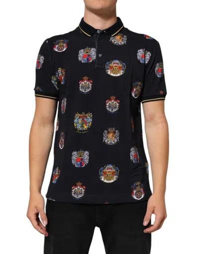 Dolce & Gabbana Blue Heraldic Crest Print Polo Shirt T-shirt In Black
