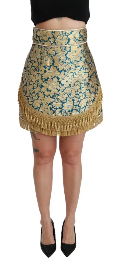 Dolce & Gabbana Blue High Waist Jacquard Tassel Gold Women's Skirt