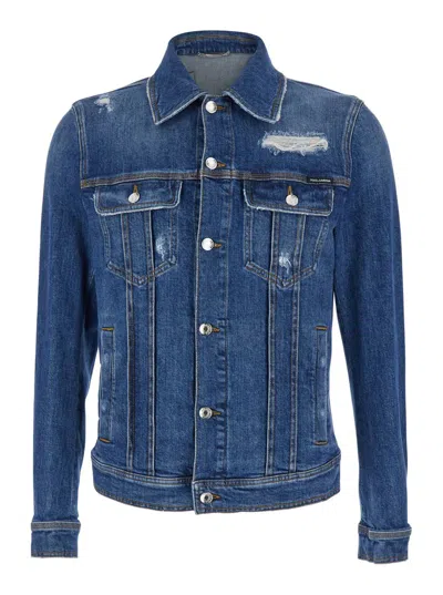 Dolce & Gabbana Blue Jacket With Classic Collar And Rips In Denim Stretch Man