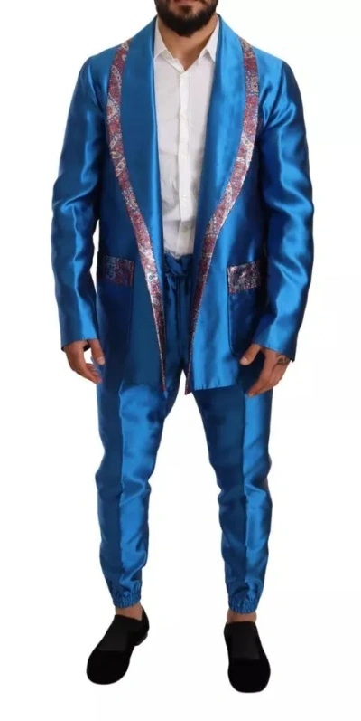 Pre-owned Dolce & Gabbana Blue Jacquard Silk Formal 2 Piece Set Men's Suit ()