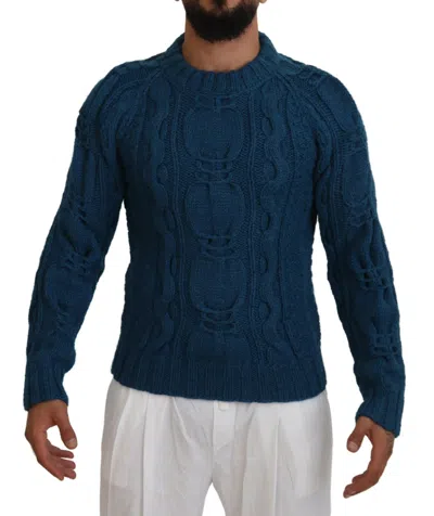 Dolce & Gabbana Wool Alpaca Cable Knit Crew Sweater In Blue