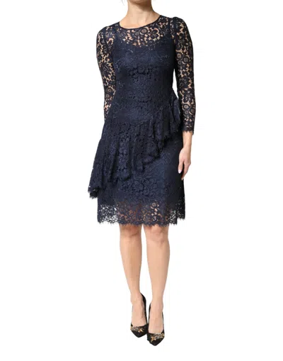 DOLCE & GABBANA BLUE LACE RUFFLE A-LINE KNEE LENGTH DRESS