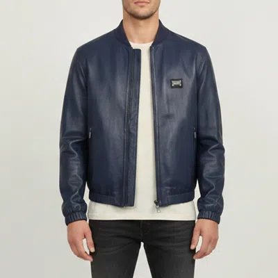 Pre-owned Dolce & Gabbana Blue Lambskin Leatherbomber Jacket Xl