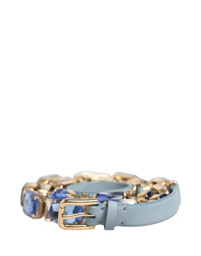 Dolce & Gabbana Blue Leather Crystal Chain Embellished Women's Belt