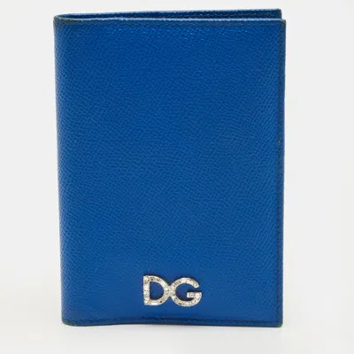 Pre-owned Dolce & Gabbana Blue Leather Dg Crystals Bifold Passport Holder