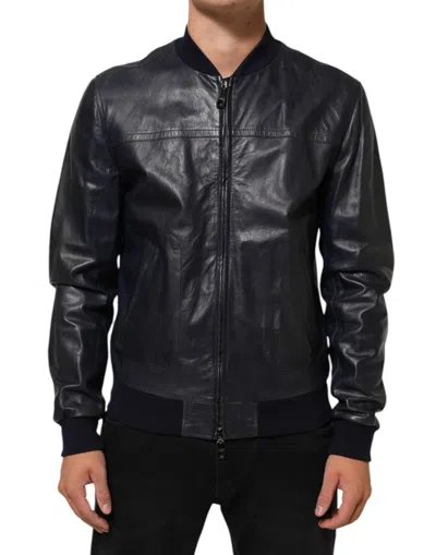 Pre-owned Dolce & Gabbana Blue Leather Full Zip Biker Blouson Men's Jacket ()