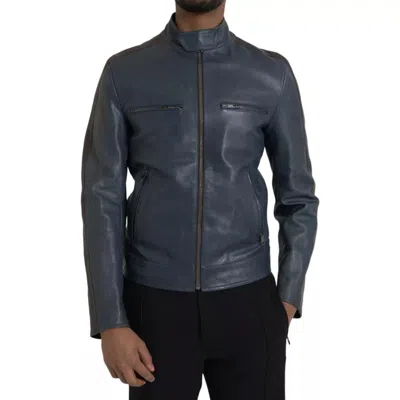 Pre-owned Dolce & Gabbana Blue Leather Full Zip Biker Blouson Men's Jacket ()