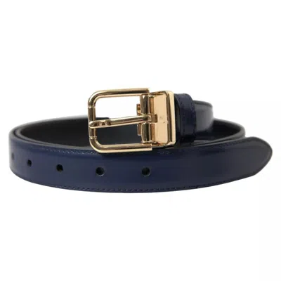 Pre-owned Dolce & Gabbana Blue Leather Gold Metal Buckle Men Men's Belt ()