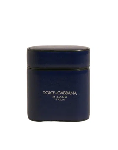 Dolce & Gabbana Blue Leather Logo Print Flip Holder Airpods Case Accessory