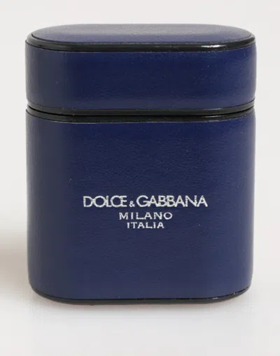 Dolce & Gabbana Blue Leather Logo Print Flip Holder Men Airpods Case