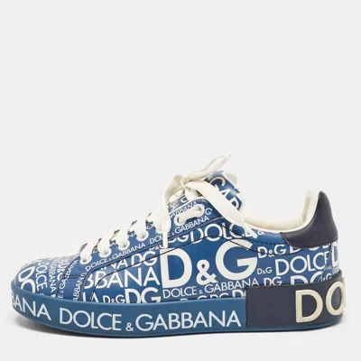 Pre-owned Dolce & Gabbana Blue Leather Logo Print Portofino Sneakers Size 37