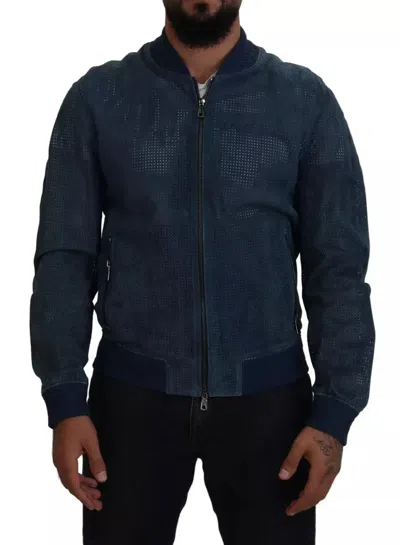 Pre-owned Dolce & Gabbana Blue Leather Perforated Full Zip Men's Jacket ()