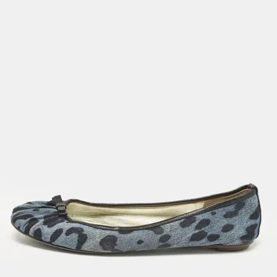 Pre-owned Dolce & Gabbana Blue Leopard Print Denim And Leather Bow Detail Ballet Flats Size 41