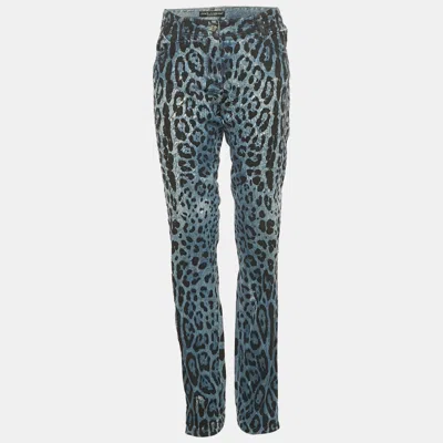 Pre-owned Dolce & Gabbana Blue Leopard Print Denim Distressed Jeans L Waist 34"