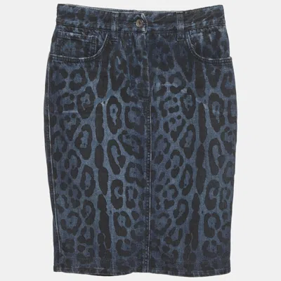 Pre-owned Dolce & Gabbana Blue Leopard Print Denim Pencil Skirt S