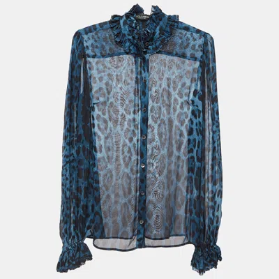 Pre-owned Dolce & Gabbana Blue Leopard Print Silk Ruffled Semi Sheer Shirt S
