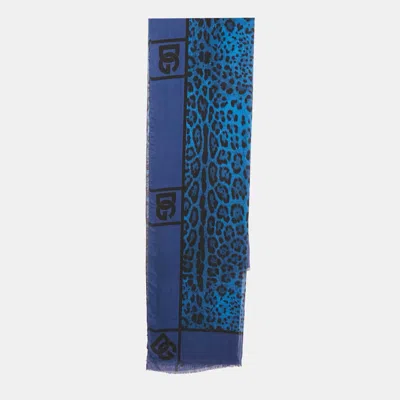 Pre-owned Dolce & Gabbana Blue Leopard Print Wool Blend Scarf