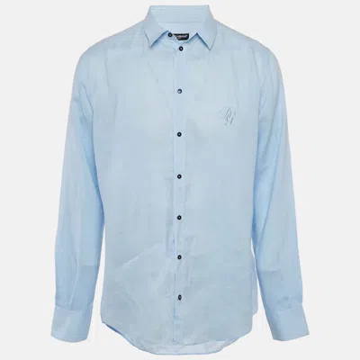 Pre-owned Dolce & Gabbana Blue Linen Logo Embroidered Shirt Xxl