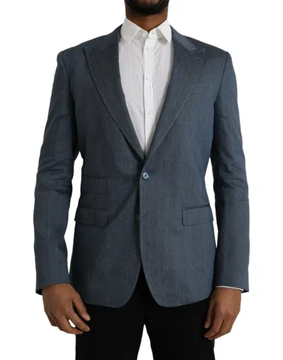 Dolce & Gabbana Blue Linen Napoli Single Breasted Coat Blazer