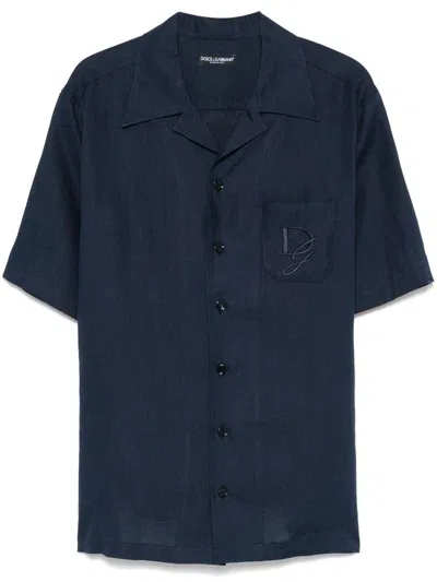 Dolce & Gabbana Blue Linen Short-sleeve Shirt With Pocket
