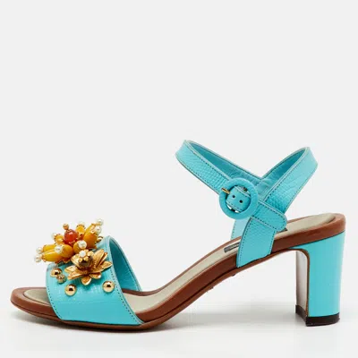 Pre-owned Dolce & Gabbana Blue Lizard Embossed Leather Embellished Block Heel Ankle Strap Sandals Size 35