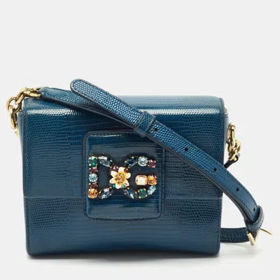 Pre-owned Dolce & Gabbana Blue Lizard Embossed Leather Mini Dg Millennials Crystals Bag