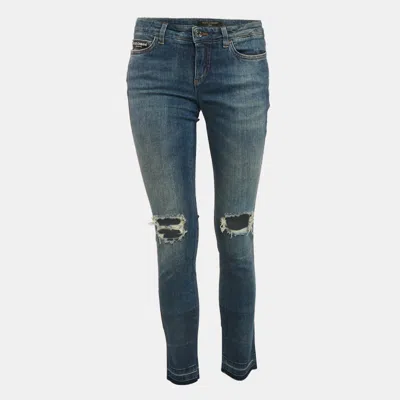 Pre-owned Dolce & Gabbana Blue Logo Applique Denim Ripped Jeans S Waist 29"