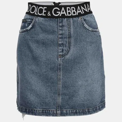 Pre-owned Dolce & Gabbana Blue Logo Band Denim Distressed Mini Skirt M