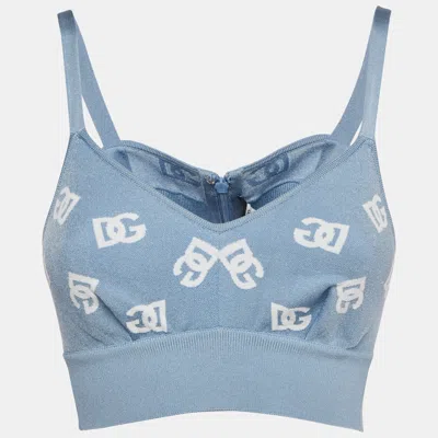 Pre-owned Dolce & Gabbana Blue Logo Intarsia Stretch Knit Bralette Top S