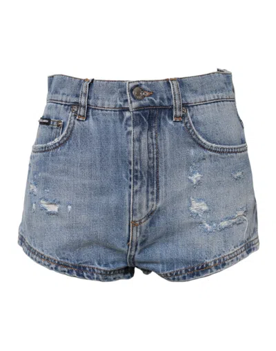 Dolce & Gabbana Blue Logo Plaque Denim Cotton Hot Pants Women's Shorts