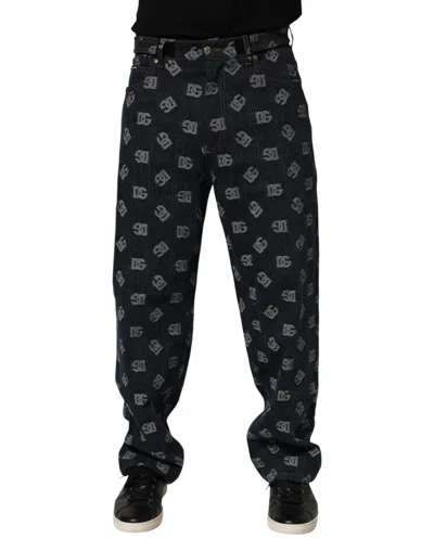 Dolce & Gabbana Blue Logo Print Straight Denim Men Jeans In Black