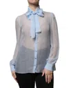 Dolce & Gabbana Light Blue Silk Ascot Collar Long Sleeves Blouse Top