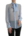 Dolce & Gabbana Light Blue Silk Ascot Collar Long Sleeves Blouse Top In Blue