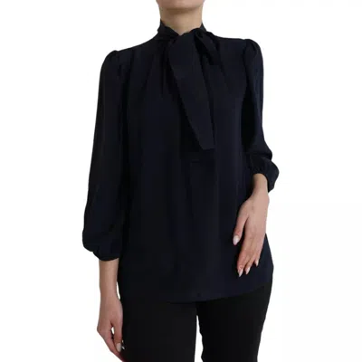 Pre-owned Dolce & Gabbana Blue Long Sleeves Ascot Collar Blouse Women's Top ()